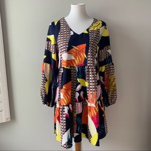 Navy Geometric Tunic V-Neck Long Sleeve Mini Dress Size Small